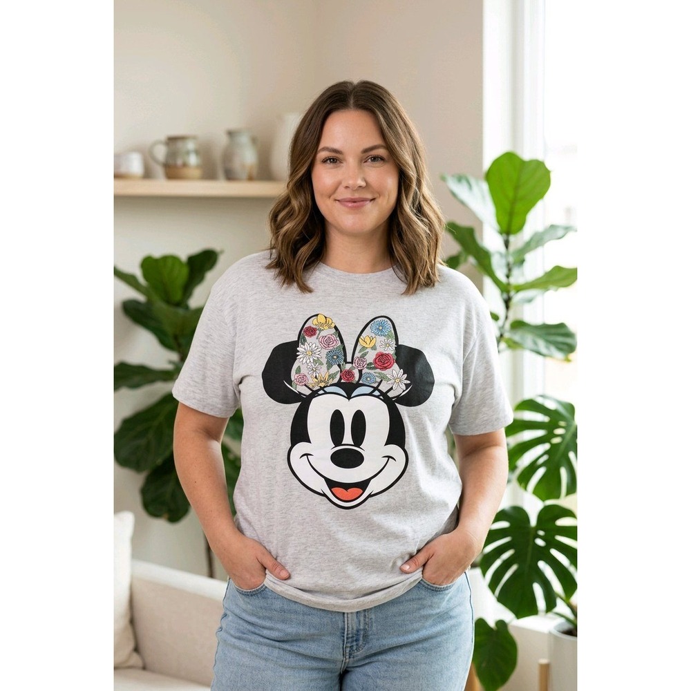 Disney Minnie Mouse Floral Bow Heather Gray Graphic T-Shirt Medium Freeze